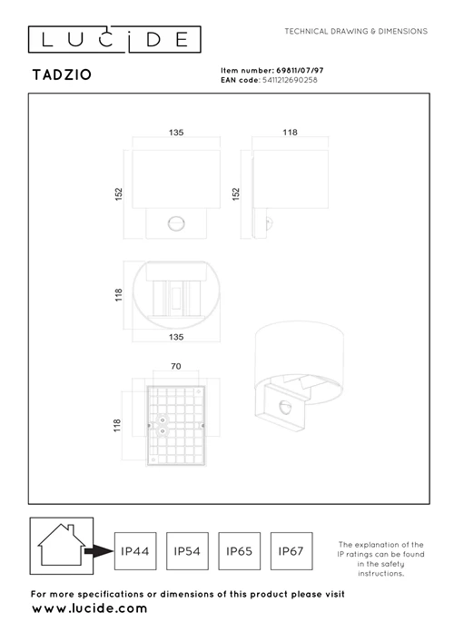 Lucide TADZIO - Wandleuchte Innen/Außen - LED - CCT - 1x7W 2700K/4000K - IP65 - Bewegungssensor - Rostfarbe - Essential - technisch
